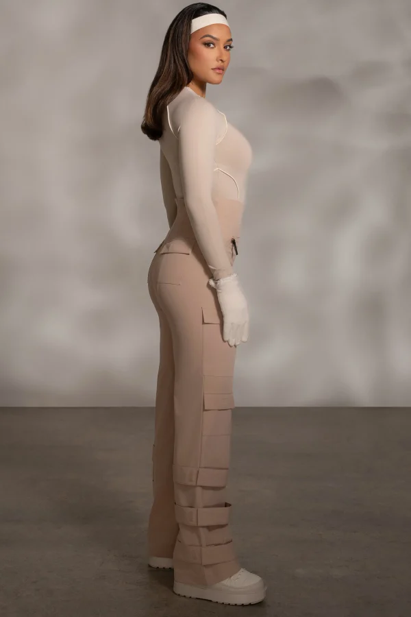 JLUXLABEL Beige Rise Up Zip Front Bodysuit