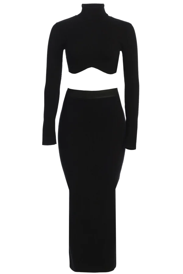 JLUXLABEL Black Anise Ribbed Skirt Set