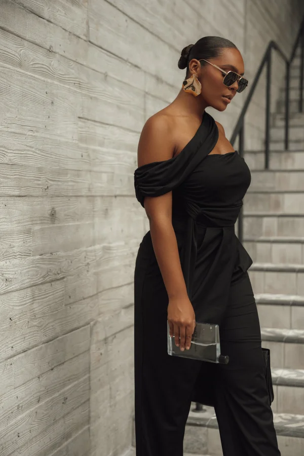 JLUXLABEL Black Asymmetrical Draped Trousers
