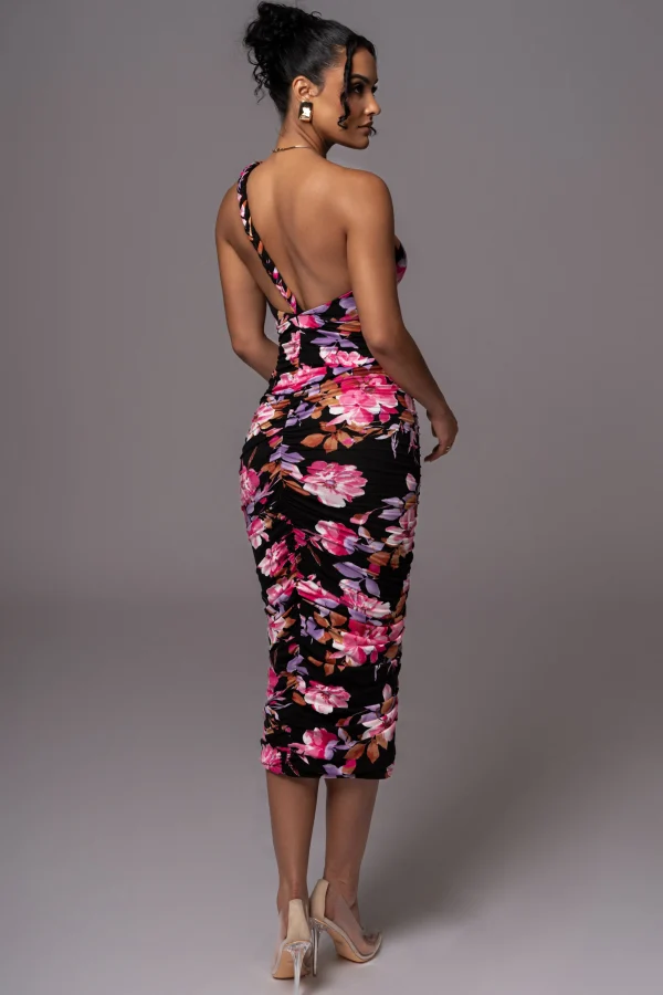 JLUXLABEL Black Floral Jess Ruched Midi Dress