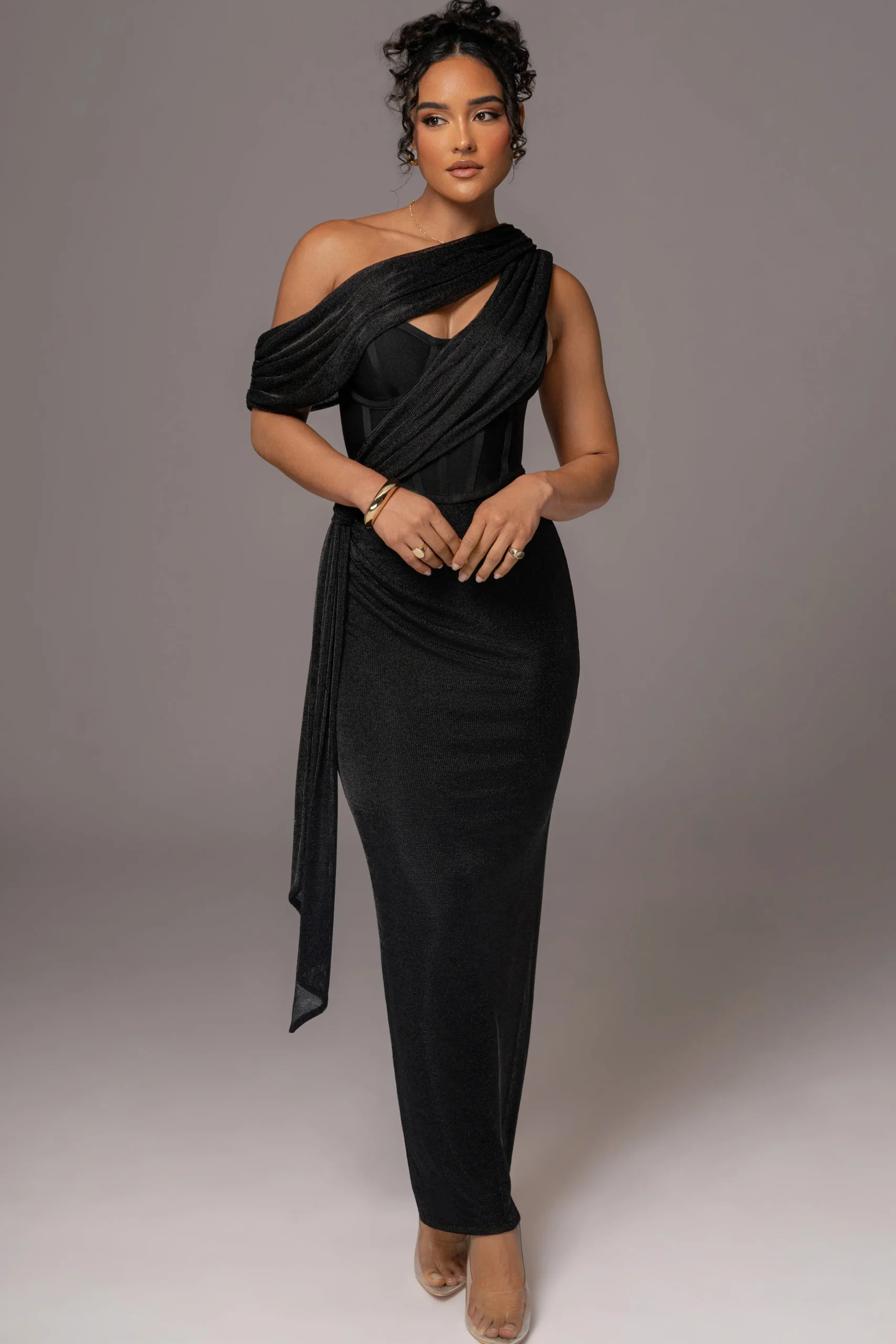 black_metallic_celestina__0.webp JLUXLABEL Black Metallic Celestina Draped Maxi Dress
