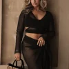 JLUXLABEL Black Palm City Netted Wrap Top
