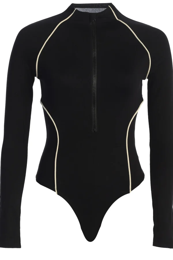 JLUXLABEL Black Rise Up Zip Front Bodysuit