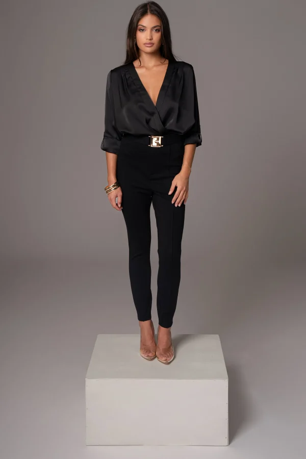 JLUXLABEL Black Satin Draped Top