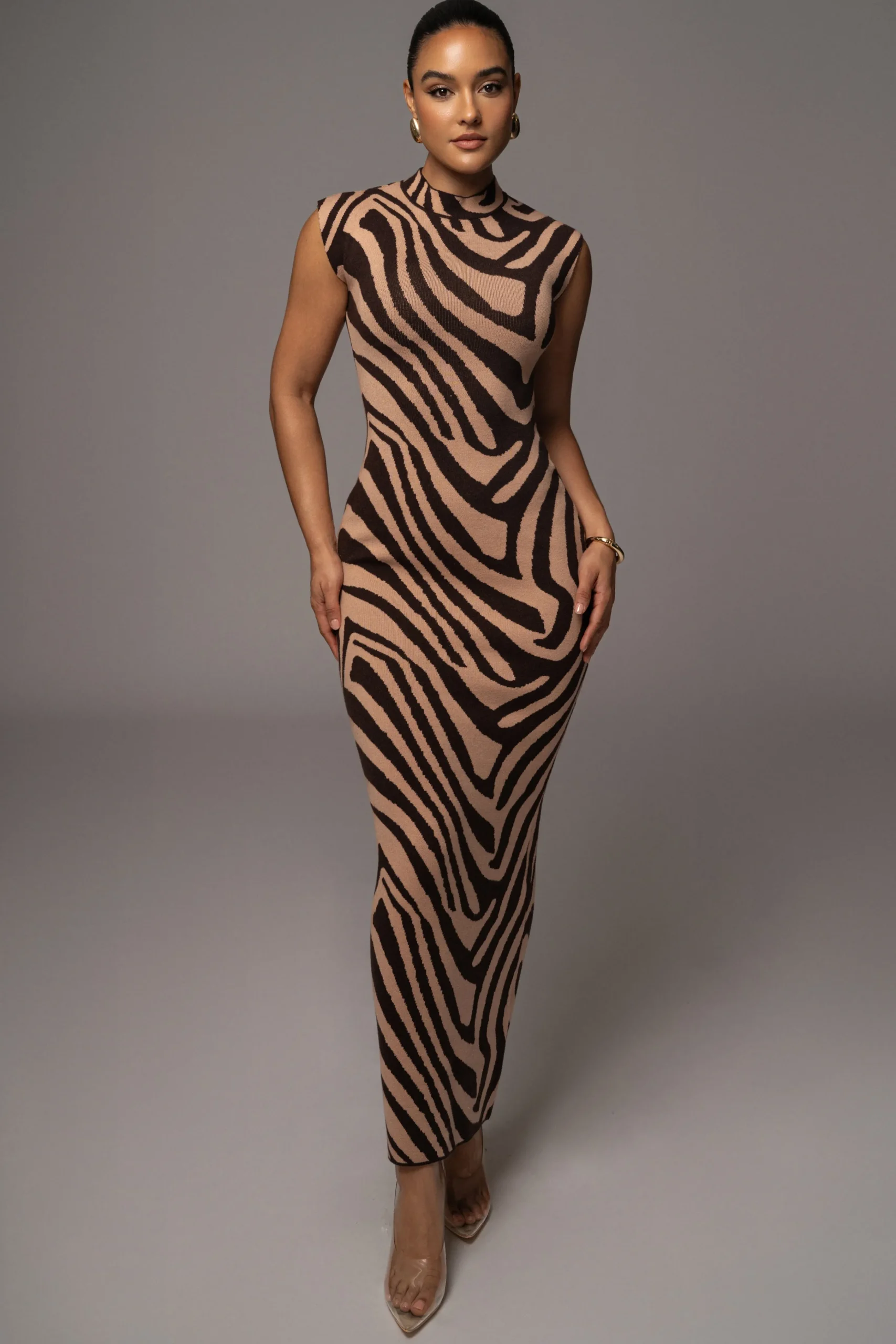 brown_abstract_print_edel_0.webp JLUXLABEL Brown Abstract Print Edel Mock Maxi Dress