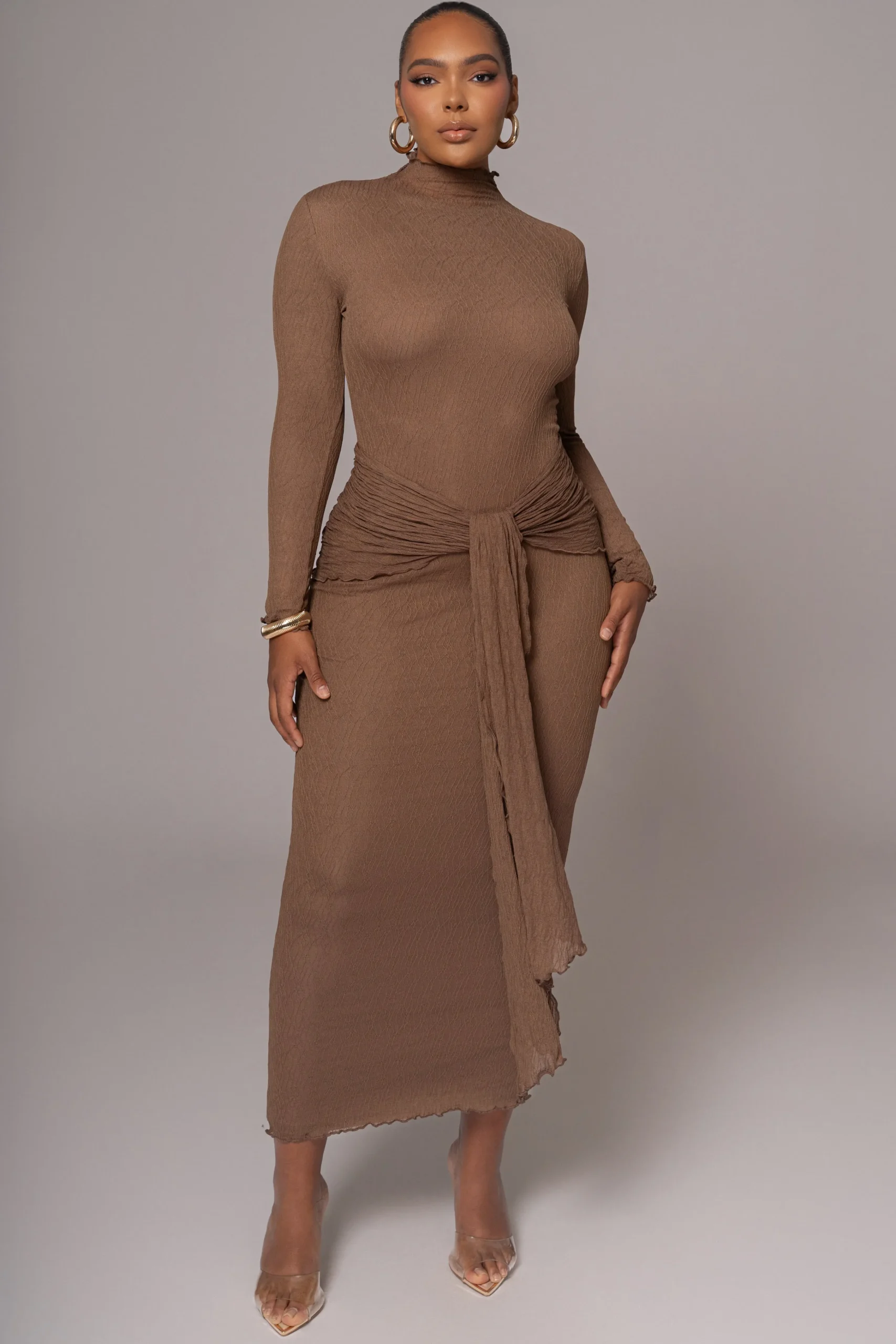 chocolate_drape_mock_neck_4.webp JLUXLABEL Chocolate Drape Mock Neck Dress