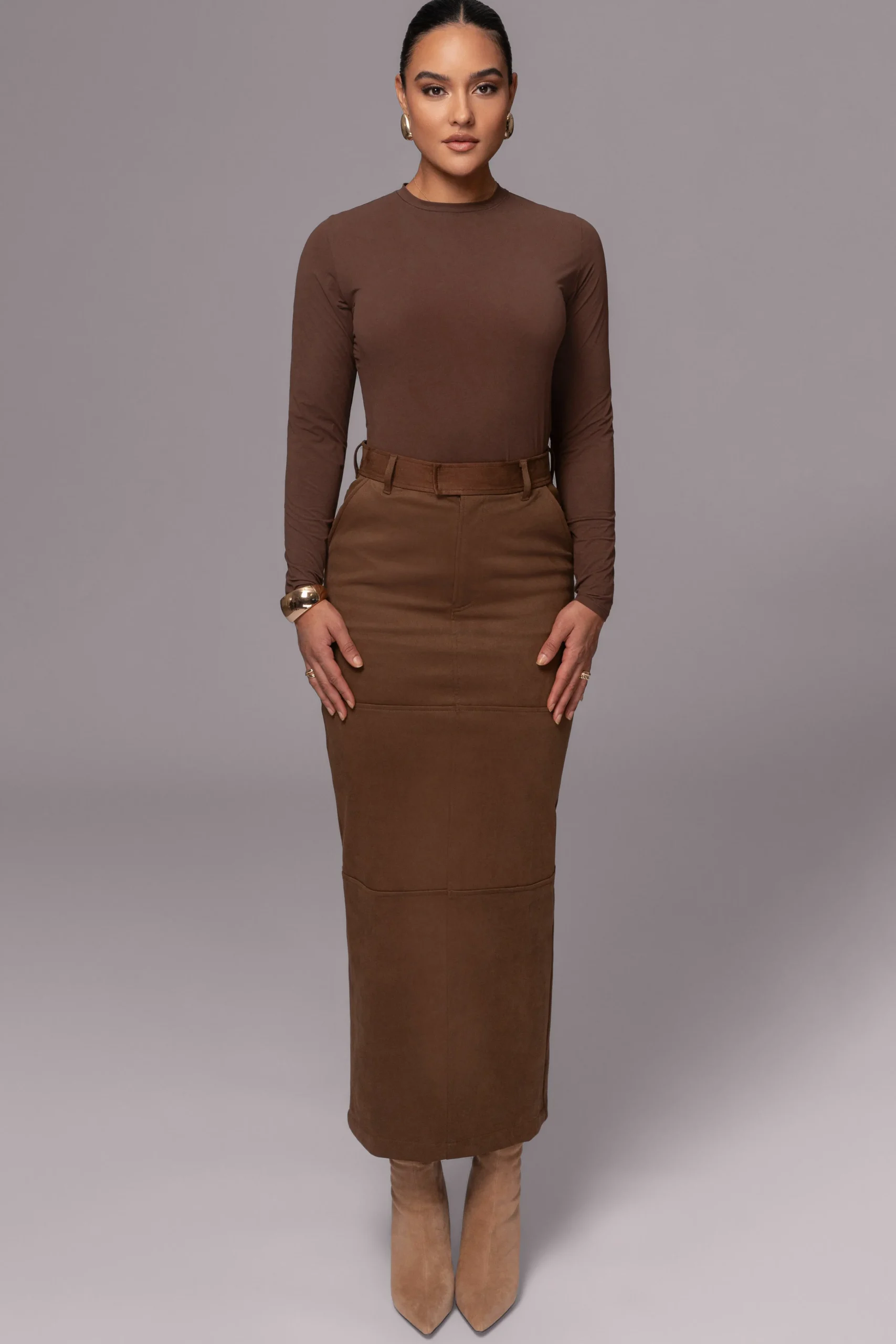 chocolate_joy_suede_maxi__1.webp JLUXLABEL Chocolate Joy Suede Maxi Skirt