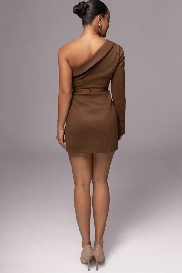 JLUXLABEL Chocolate One Shoulder Suede Blazer Dress