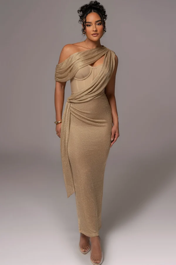 JLUXLABEL Gold Metallic Celestina Draped Maxi Dress