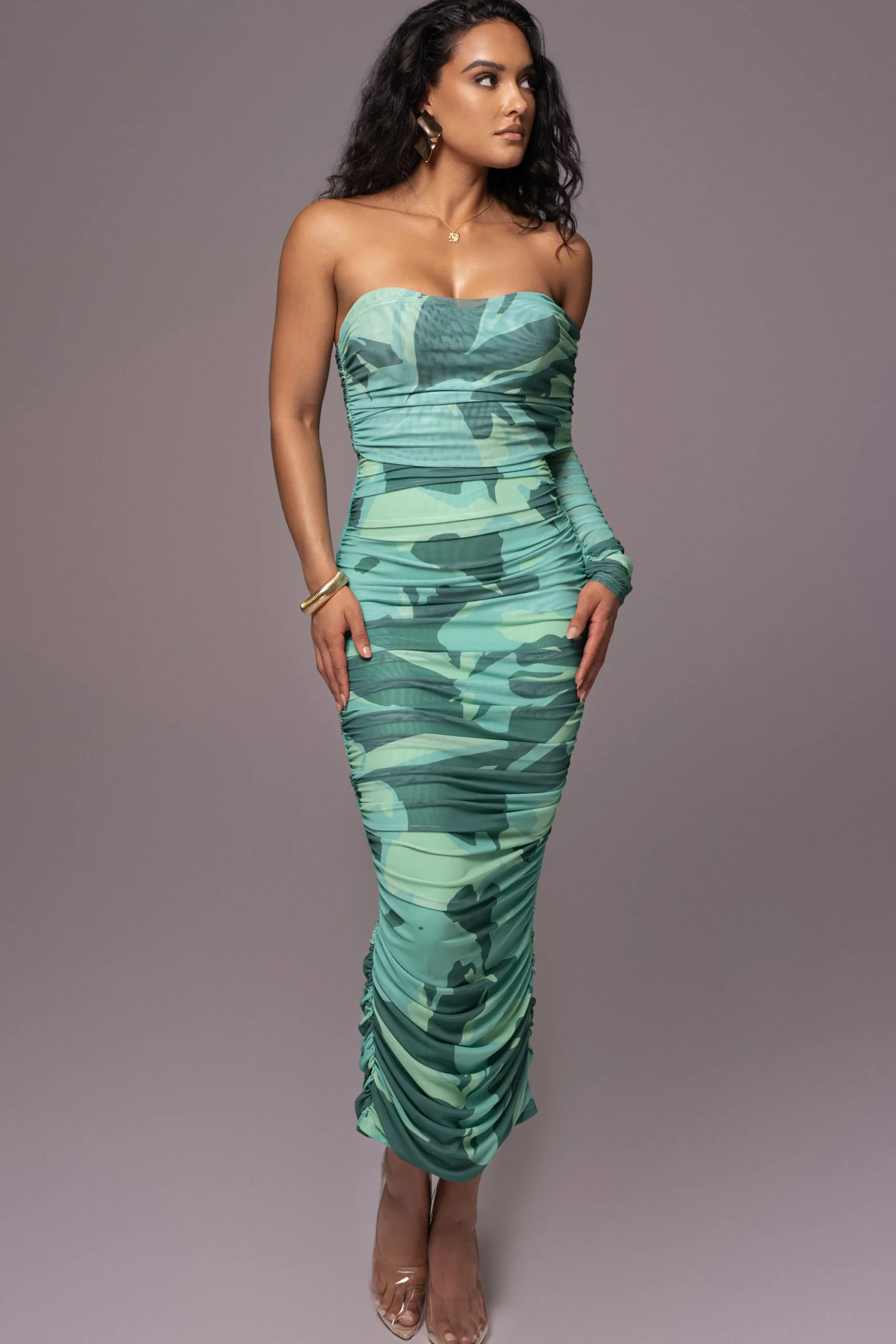 green_capri_ruched_dress_4.webp JLUXLABEL Green Capri Ruched Dress