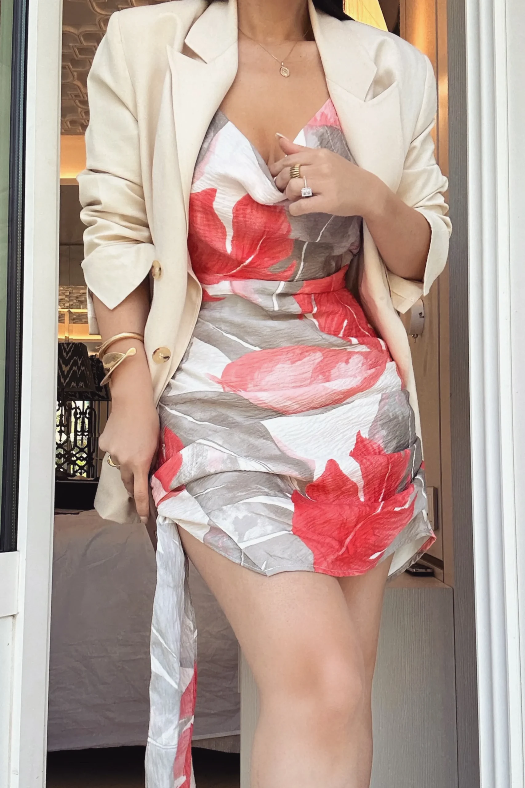ivory_palm_print_marise_d_4.webp JLUXLABEL Ivory Palm Print Marise Drape Mini Dress