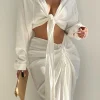 JLUXLABEL Ivory Soho Front Tied Woven Top