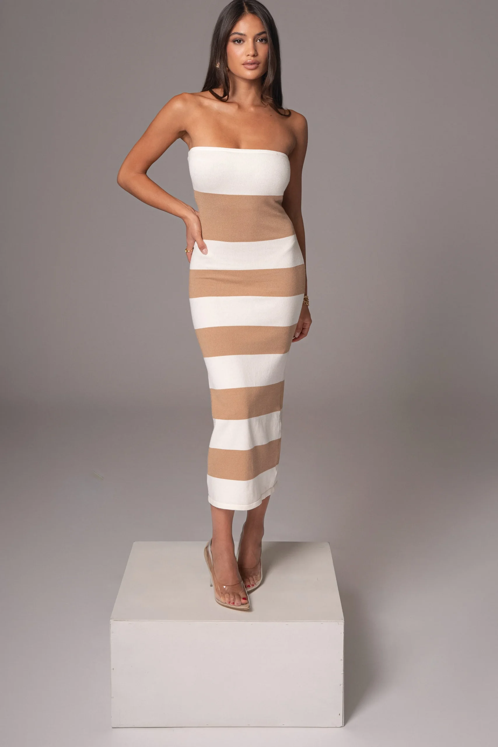 ivorybeige_striped_strapl_1.webp JLUXLABEL Ivory/Beige Striped Strapless Midi Dress