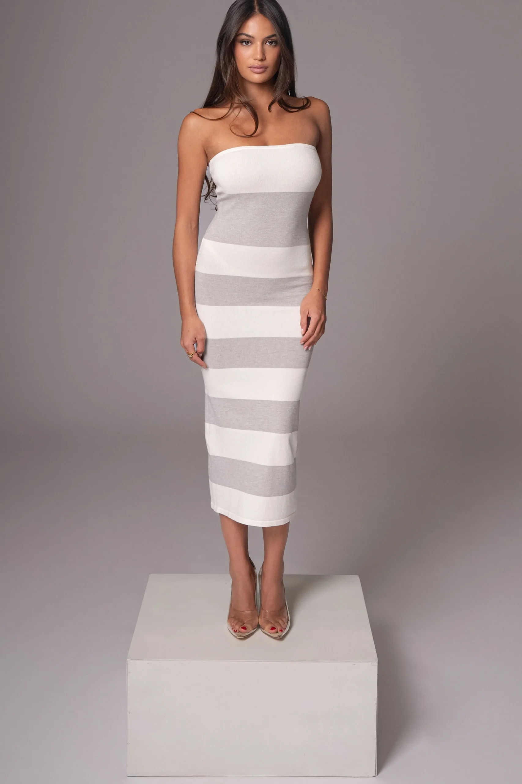 ivoryheather_grey_striped_1.webp JLUXLABEL Ivory/Heather Grey Striped Strapless Midi Dress