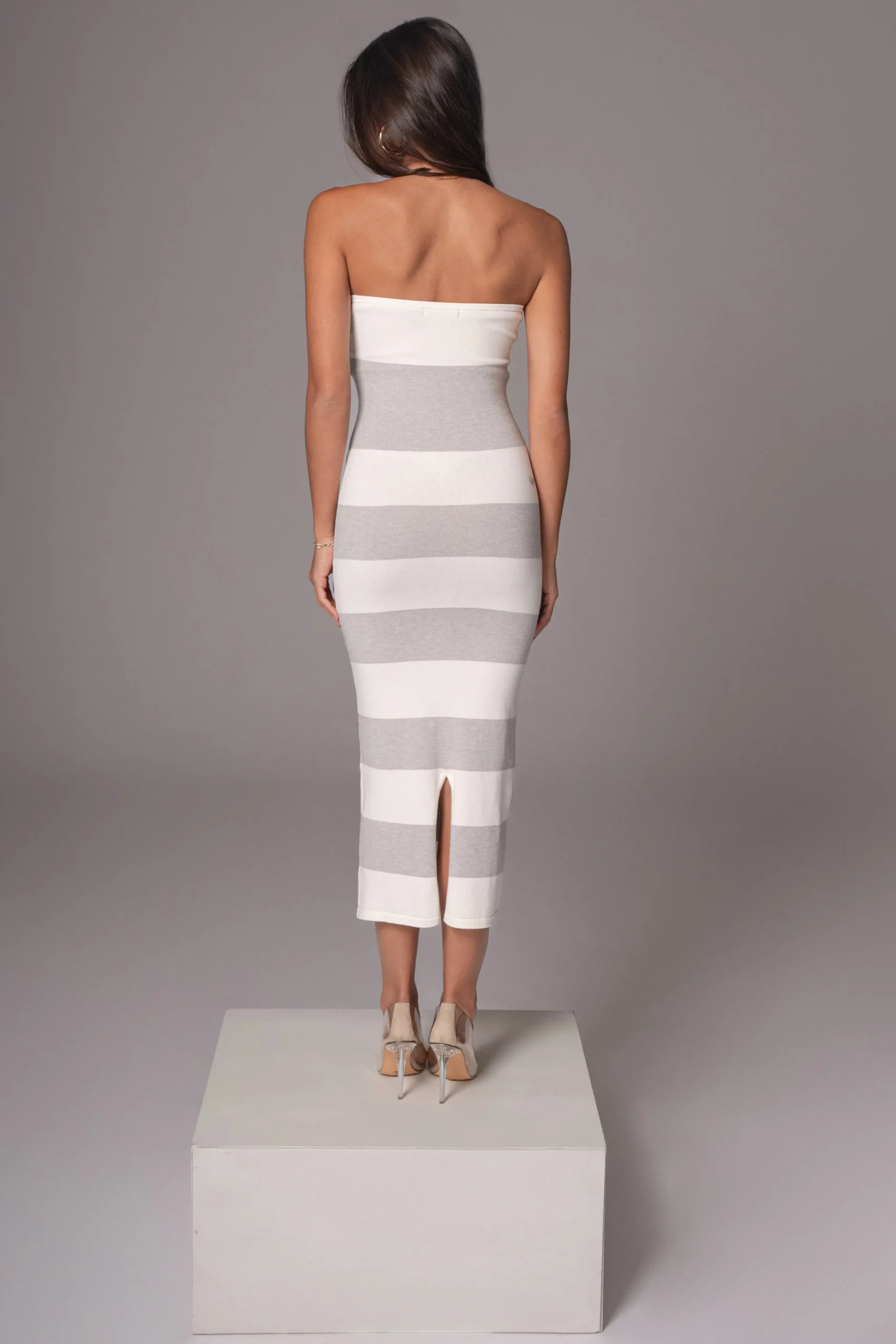 ivoryheather_grey_striped_13.webp JLUXLABEL Ivory/Heather Grey Striped Strapless Midi Dress