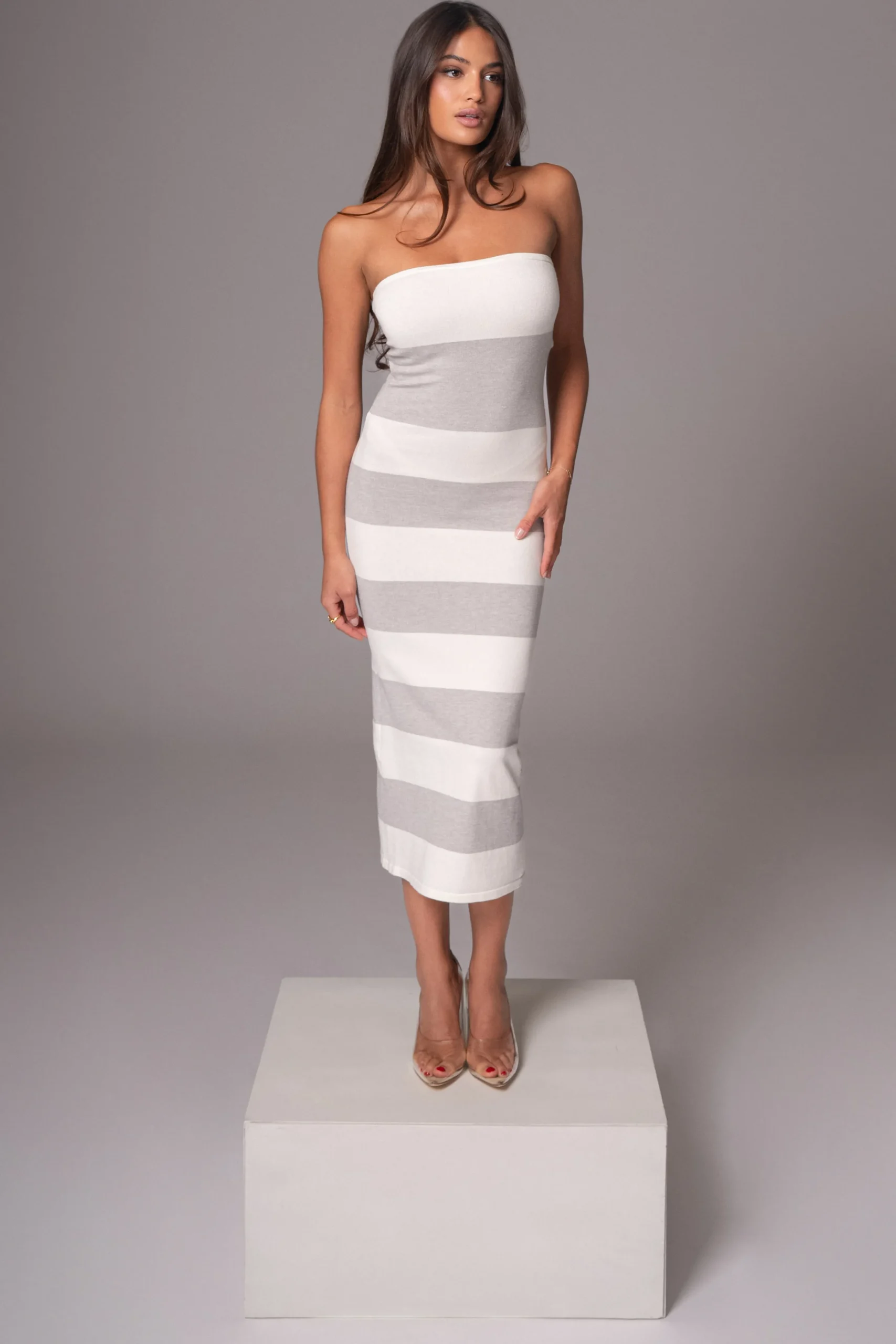 ivoryheather_grey_striped_3.webp JLUXLABEL Ivory/Heather Grey Striped Strapless Midi Dress