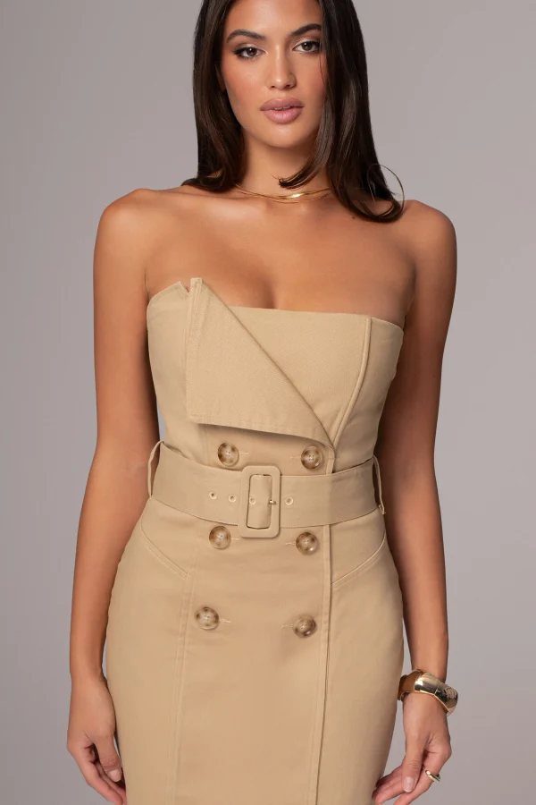 JLUXLABEL Khaki Asymmetric Belted Midi Dress