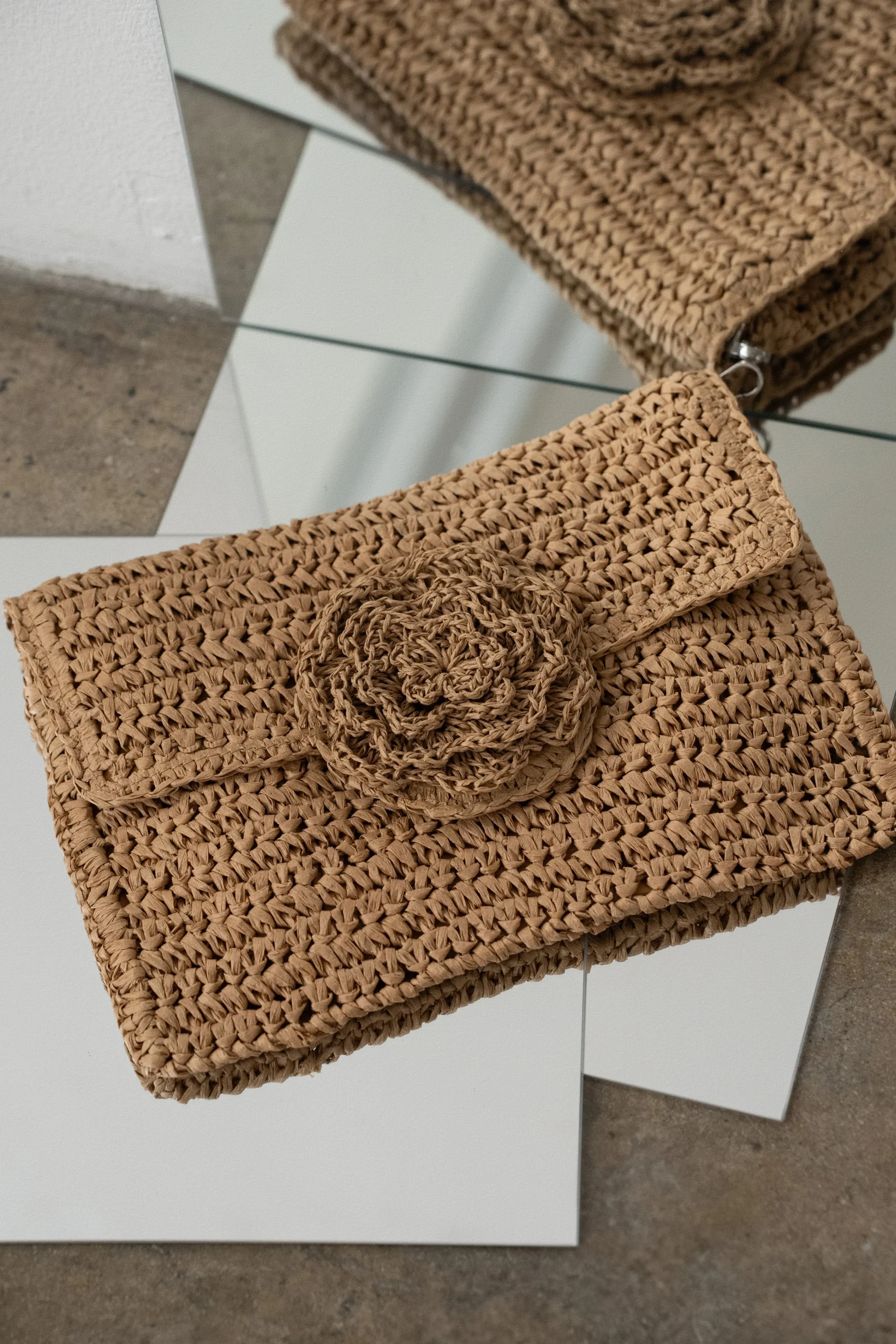 khaki_woven_rose_clutch_0.webp JLUXLABEL Khaki Woven Rose Clutch