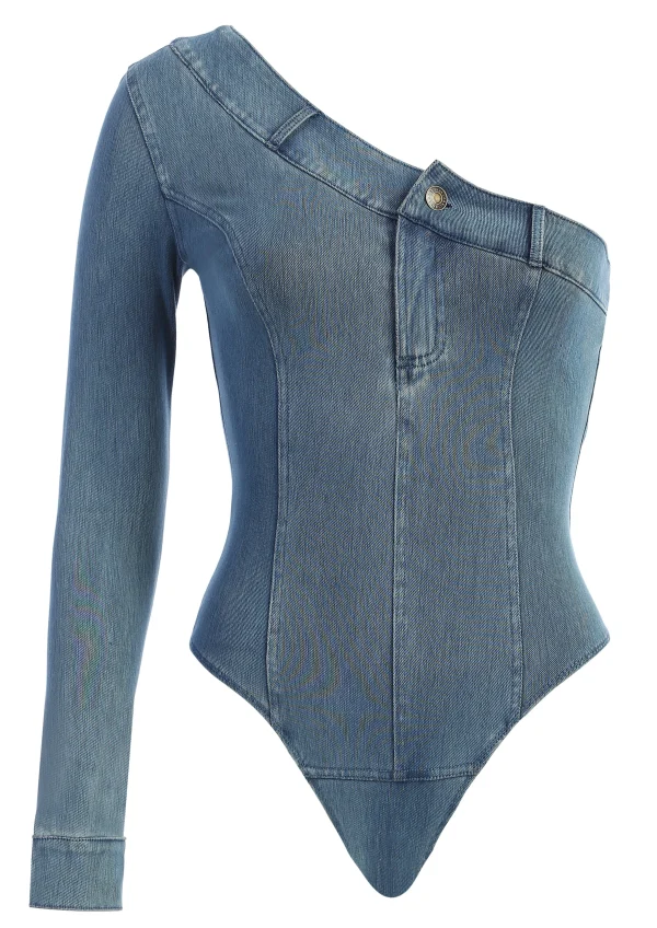 JLUXLABEL Medium Wash Button Me Up Bodysuit