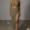 JLUXLABEL Olive Gisele Linen Slit Skirt