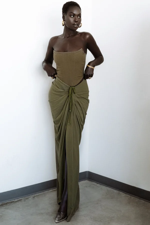JLUXLABEL Olive Noelia Linen Slit Skirt