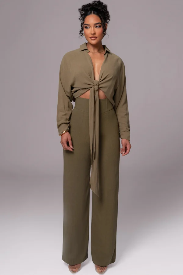 JLUXLABEL Olive Soho Front Tied Woven Top