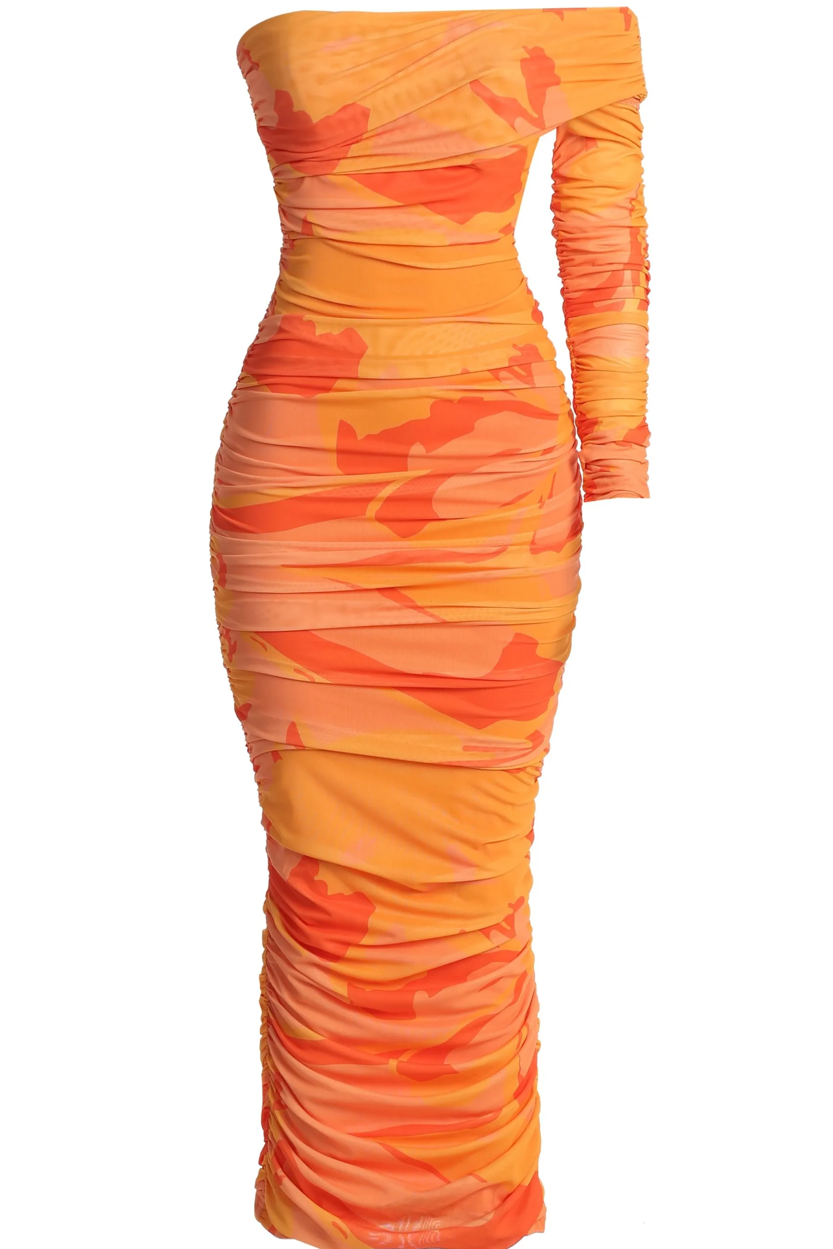 orange_capri_ruched_dress_1.webp JLUXLABEL Orange Capri Ruched Dress