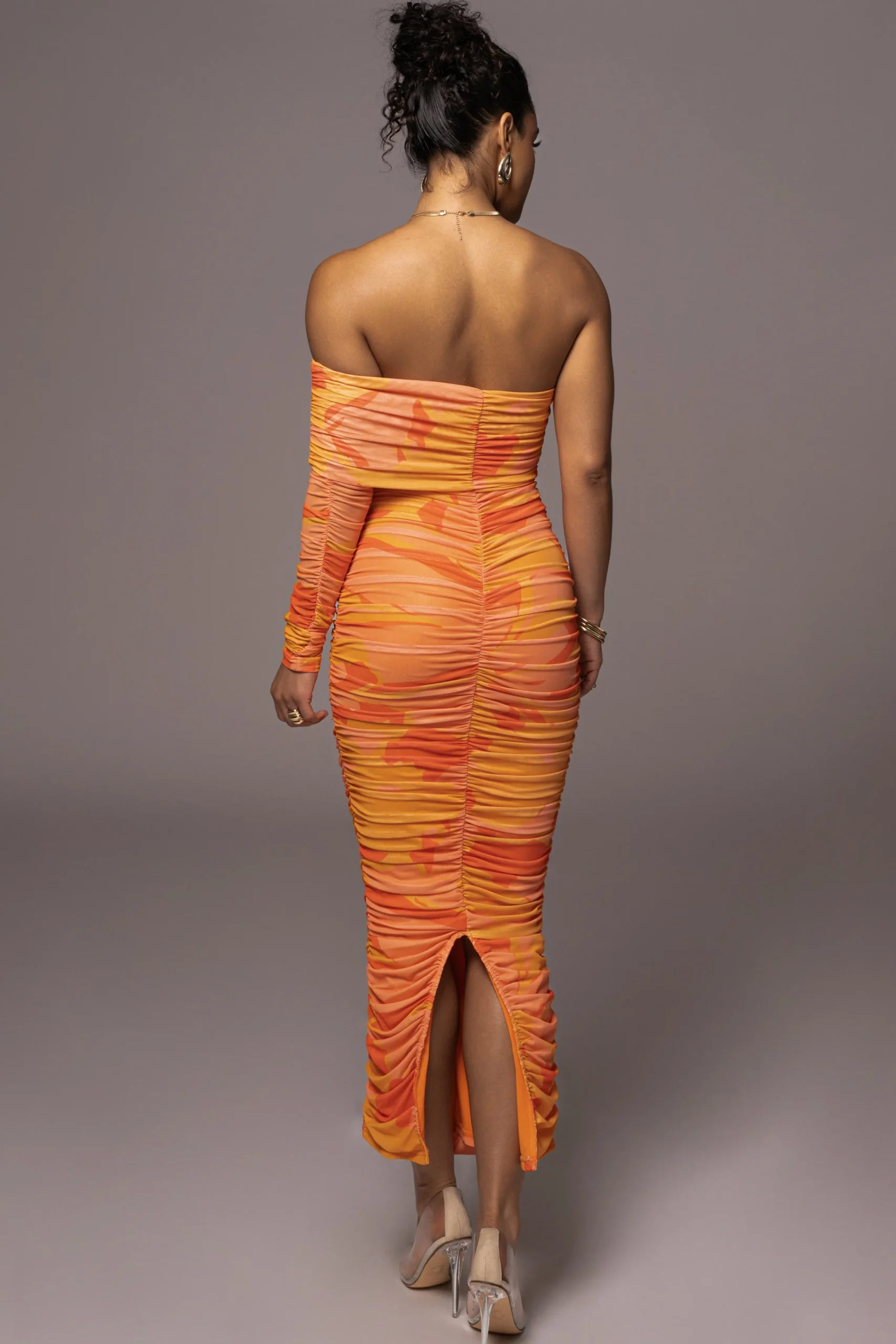 orange_capri_ruched_dress_10.webp JLUXLABEL Orange Capri Ruched Dress