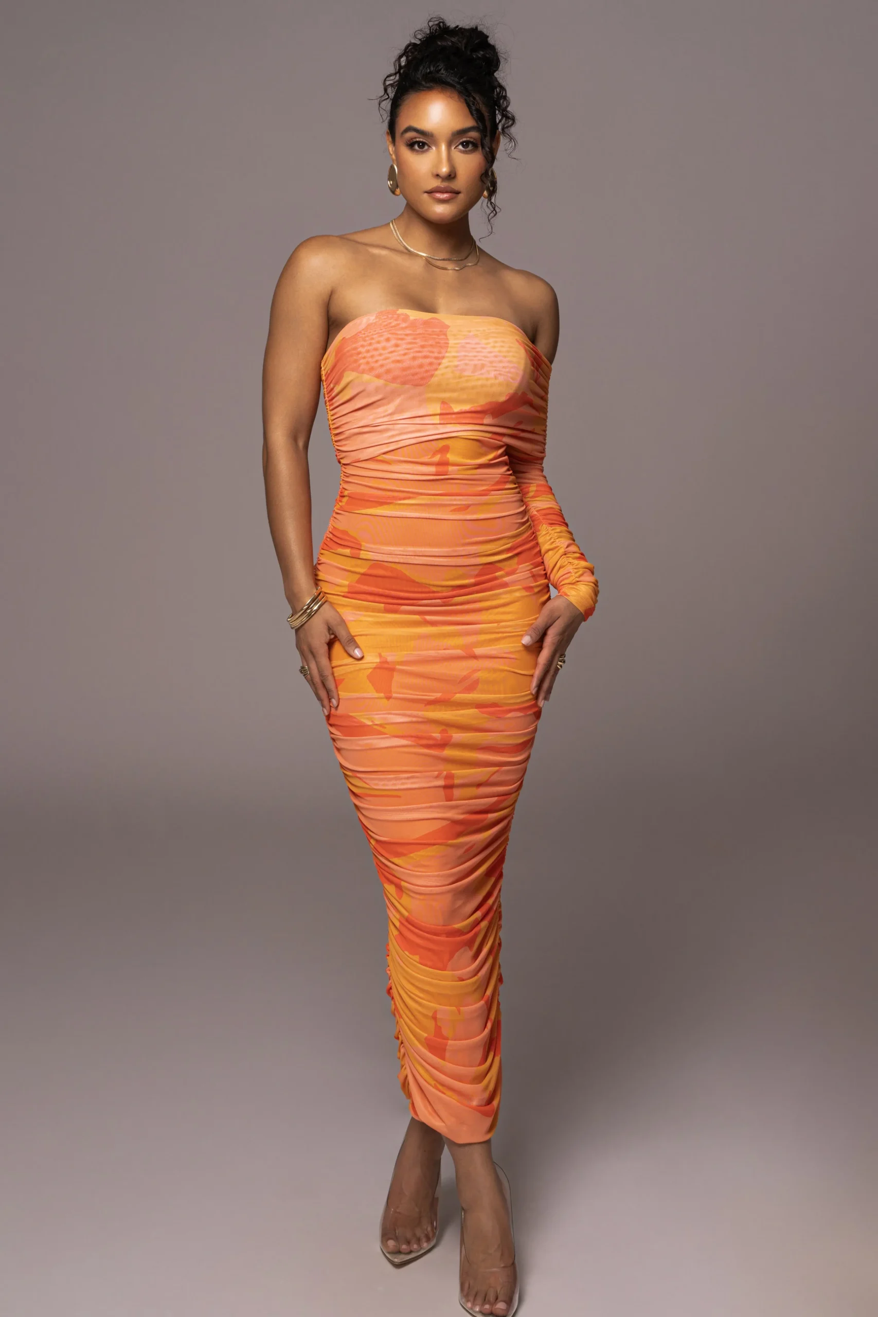 orange_capri_ruched_dress_2.webp JLUXLABEL Orange Capri Ruched Dress