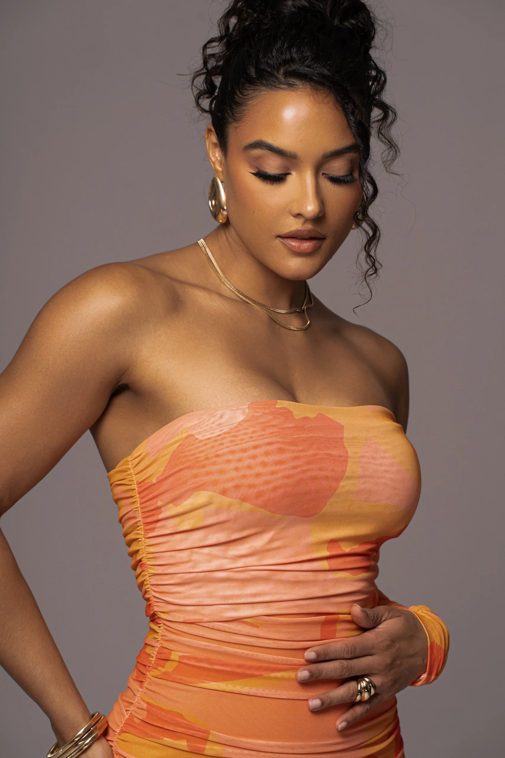 orange_capri_ruched_dress_5.webp JLUXLABEL Orange Capri Ruched Dress