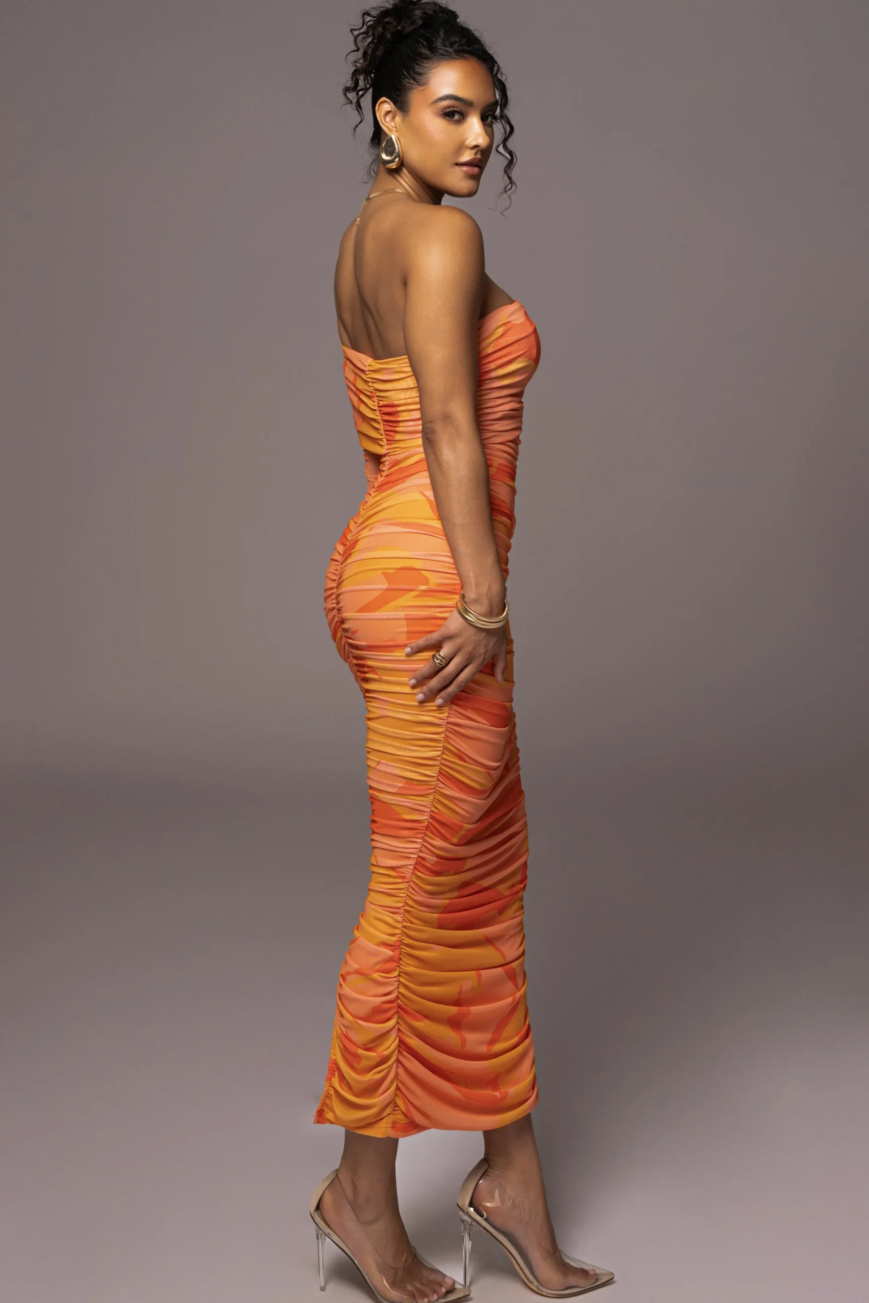orange_capri_ruched_dress_6.webp JLUXLABEL Orange Capri Ruched Dress
