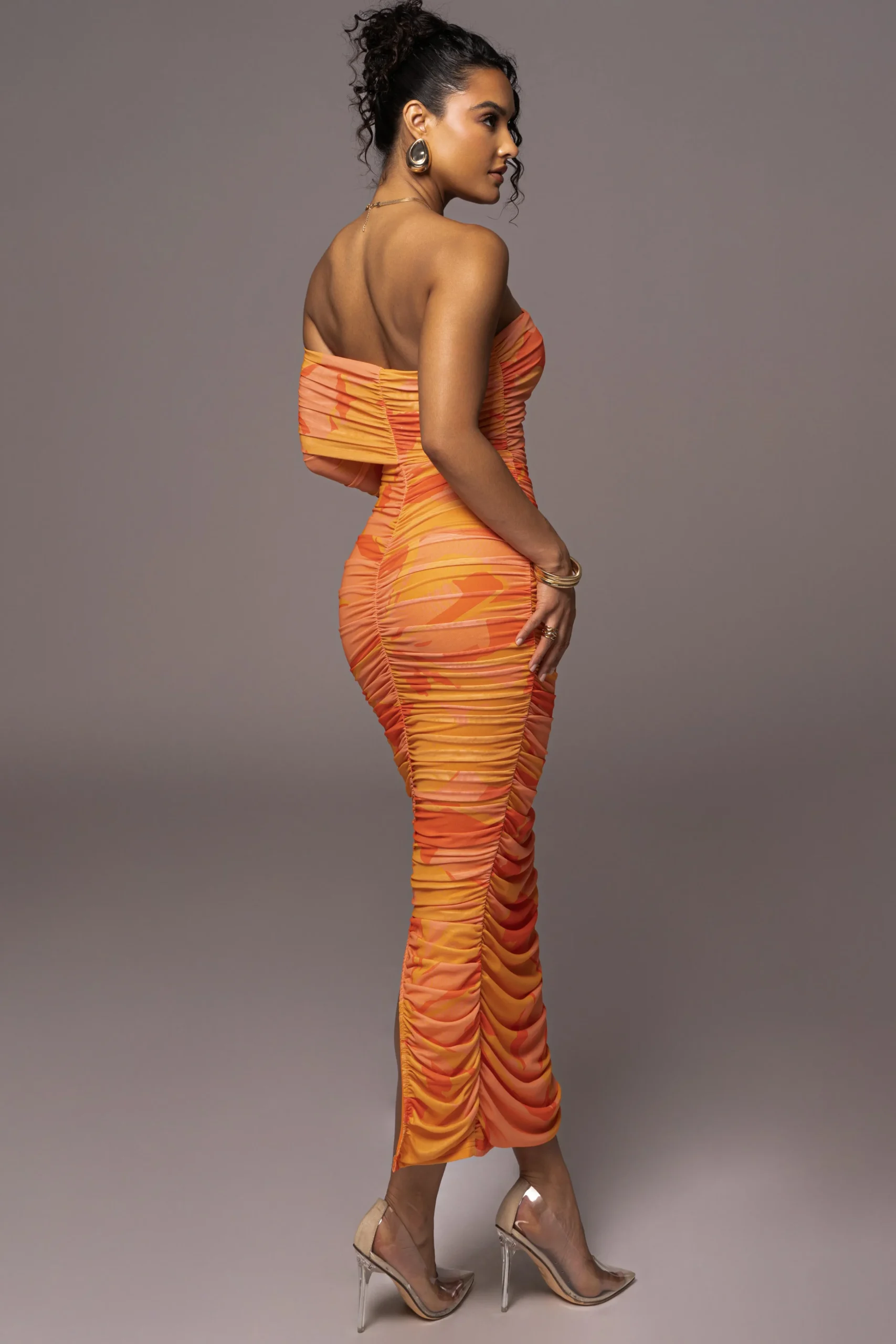 orange_capri_ruched_dress_7.webp JLUXLABEL Orange Capri Ruched Dress