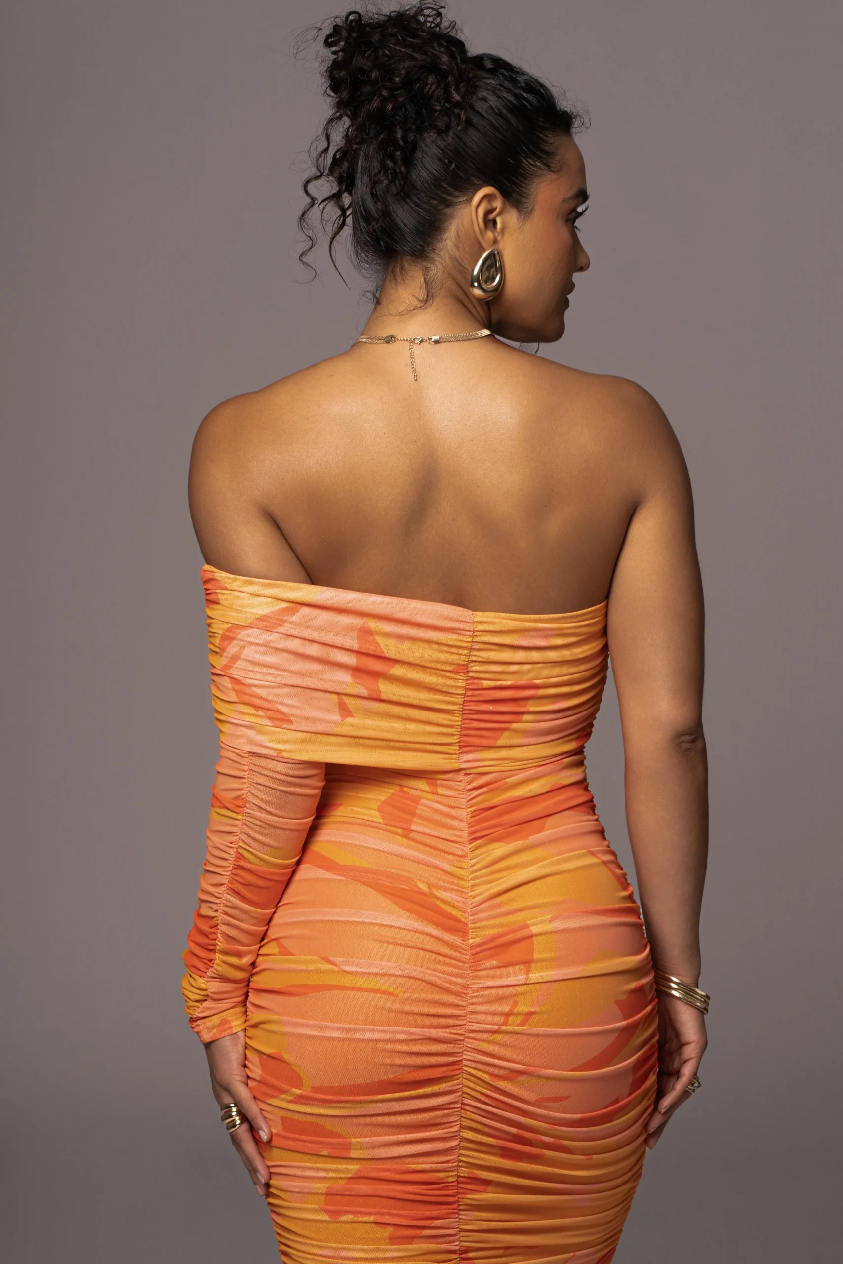 orange_capri_ruched_dress_8.webp JLUXLABEL Orange Capri Ruched Dress