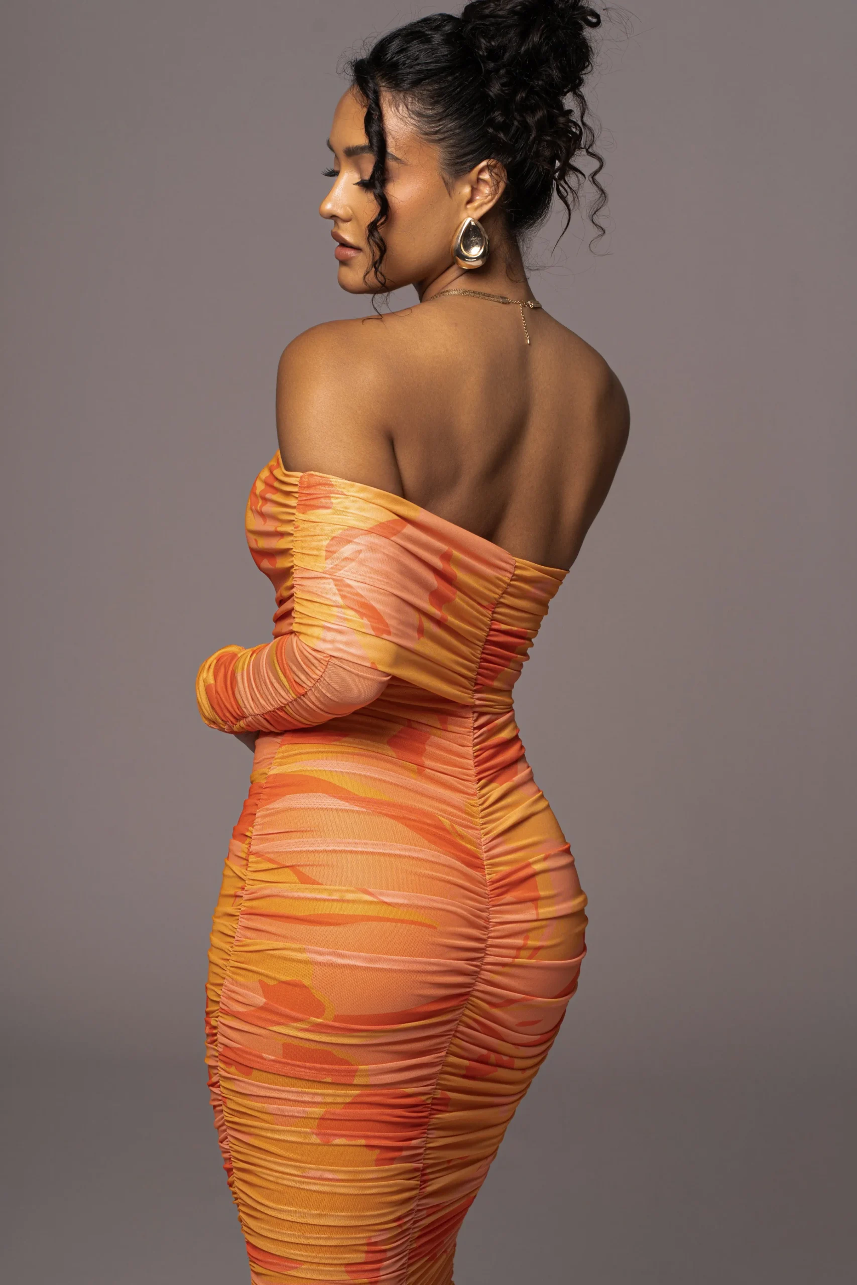 orange_capri_ruched_dress_9.webp JLUXLABEL Orange Capri Ruched Dress
