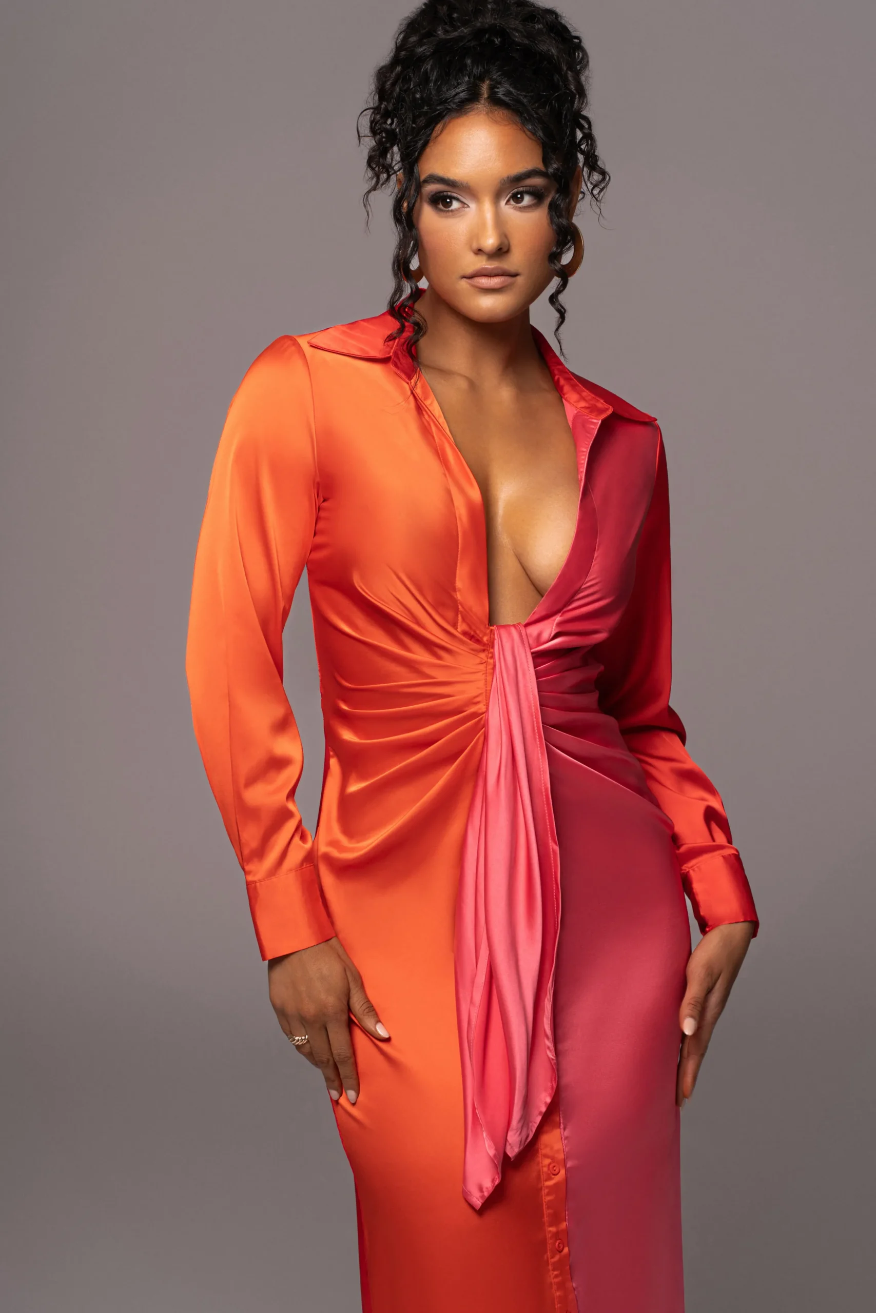 pink_color_block_satin_mi_1.webp JLUXLABEL Pink Color Block Satin Midi Dress