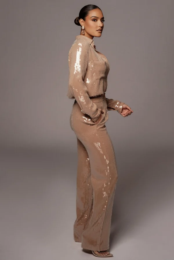 JLUXLABEL Tan Baguette Sequin Button Up