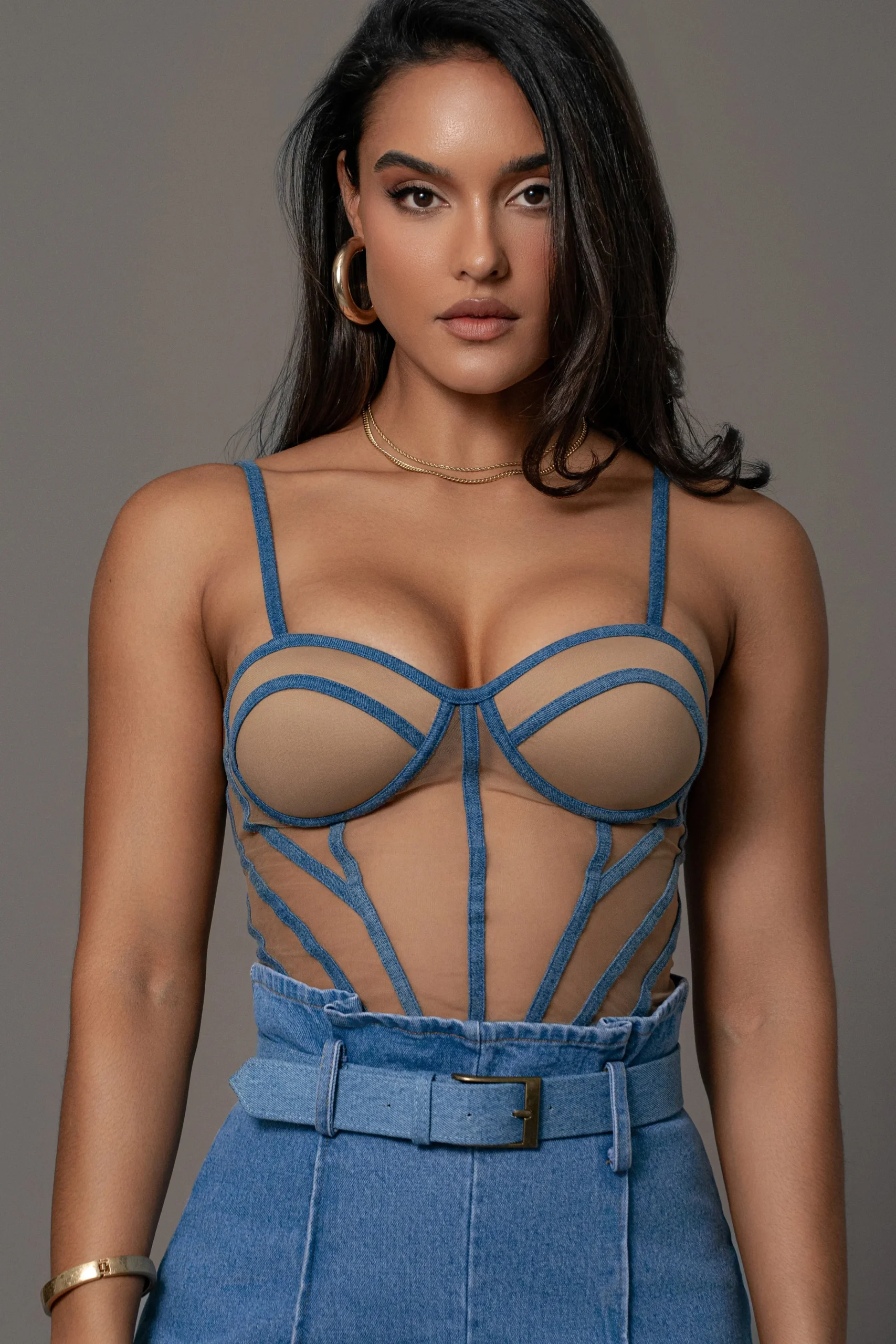 tan_denim_illusion_mesh_b_0.webp JLUXLABEL Tan Denim Illusion Mesh Bustier
