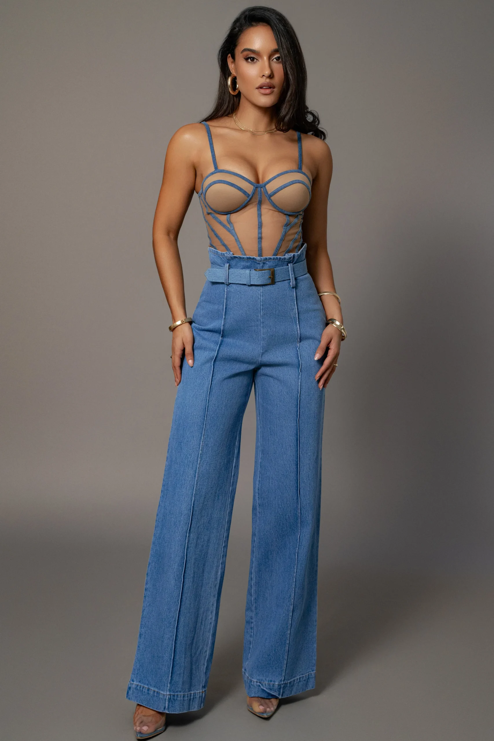 tan_denim_illusion_mesh_b_2.webp JLUXLABEL Tan Denim Illusion Mesh Bustier
