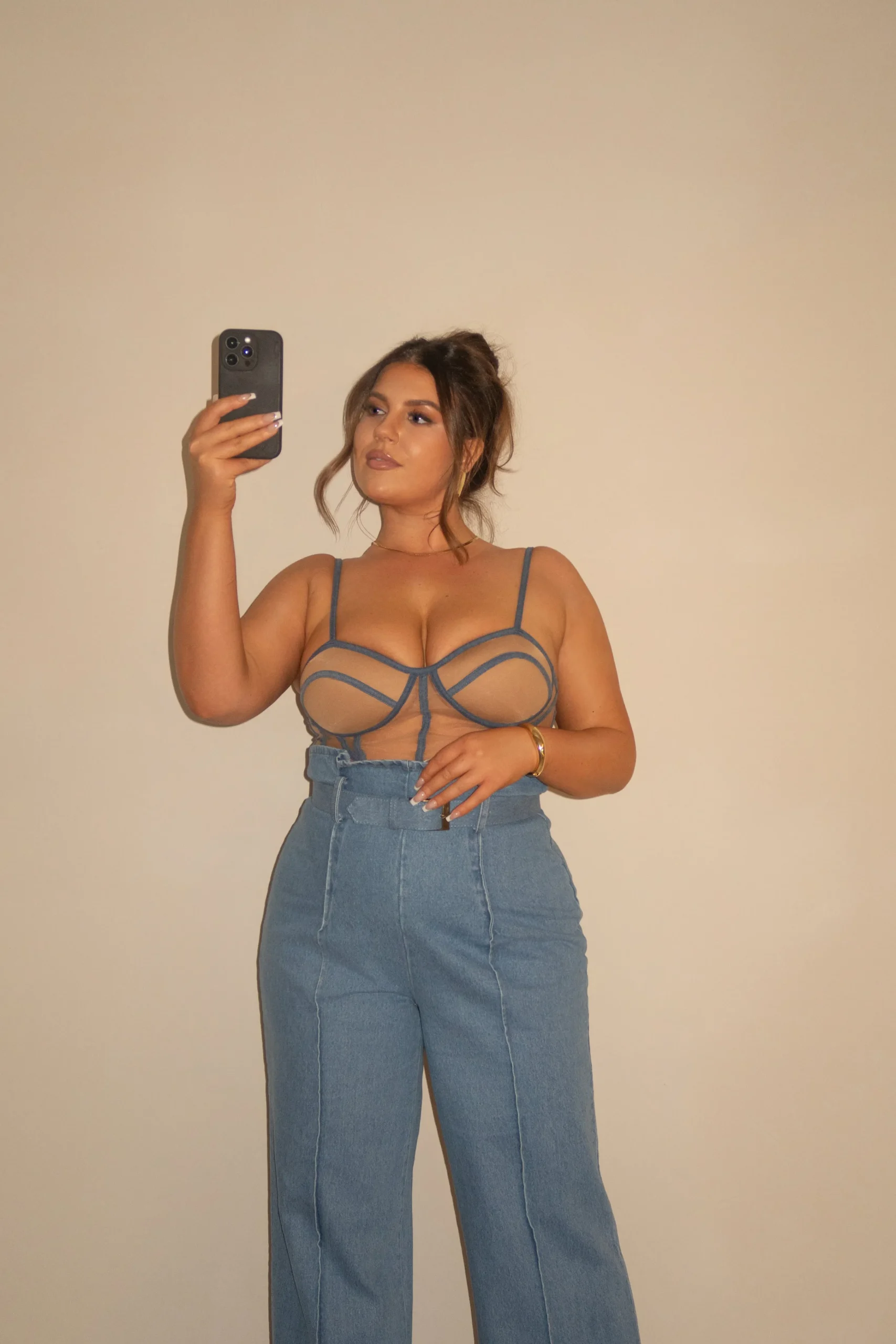 tan_denim_illusion_mesh_b_7.webp JLUXLABEL Tan Denim Illusion Mesh Bustier