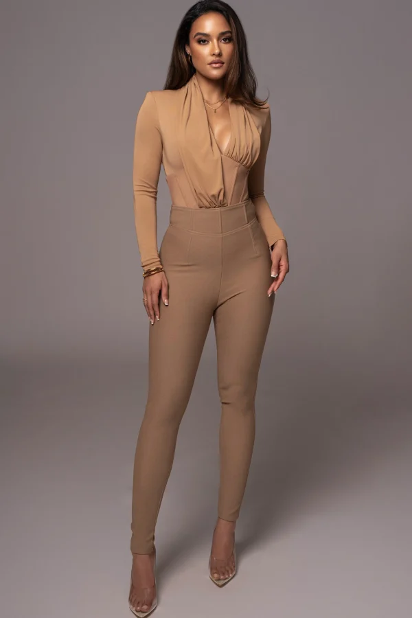 JLUXLABEL Tan Drape Corset Bodysuit