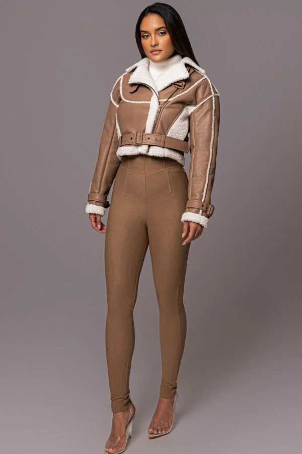 JLUXLABEL Tan Faux Leather Sherpa Jacket