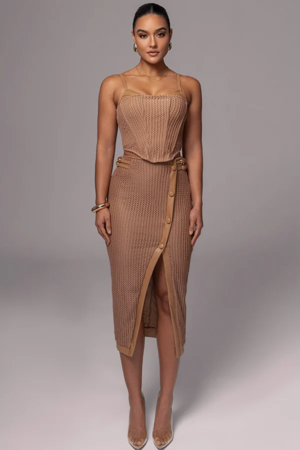 JLUXLABEL Tan Textured Mystique Midi Skirt