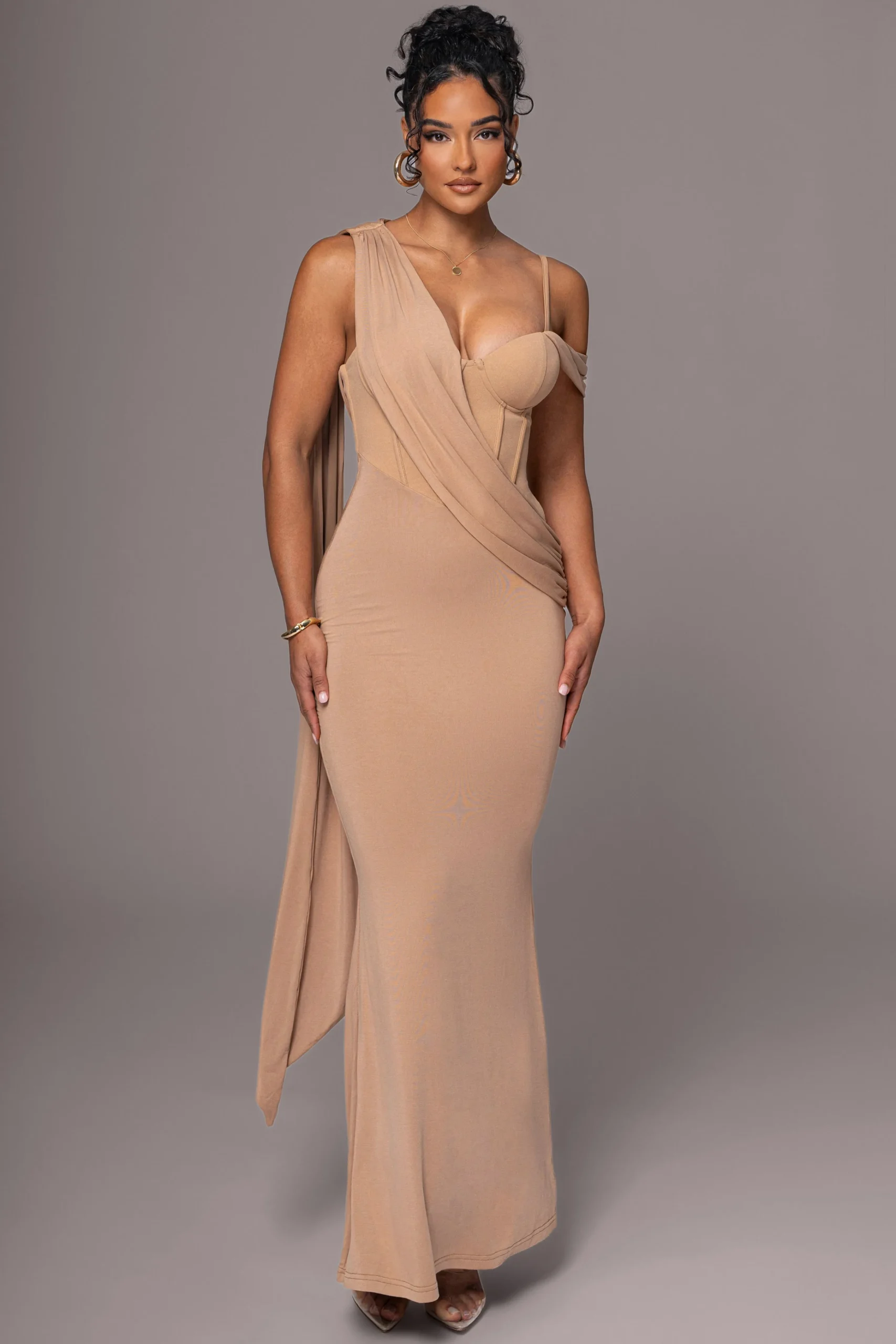 taupe_grand_entrance_drap_4.webp JLUXLABEL Taupe Grand Entrance Drape Dress