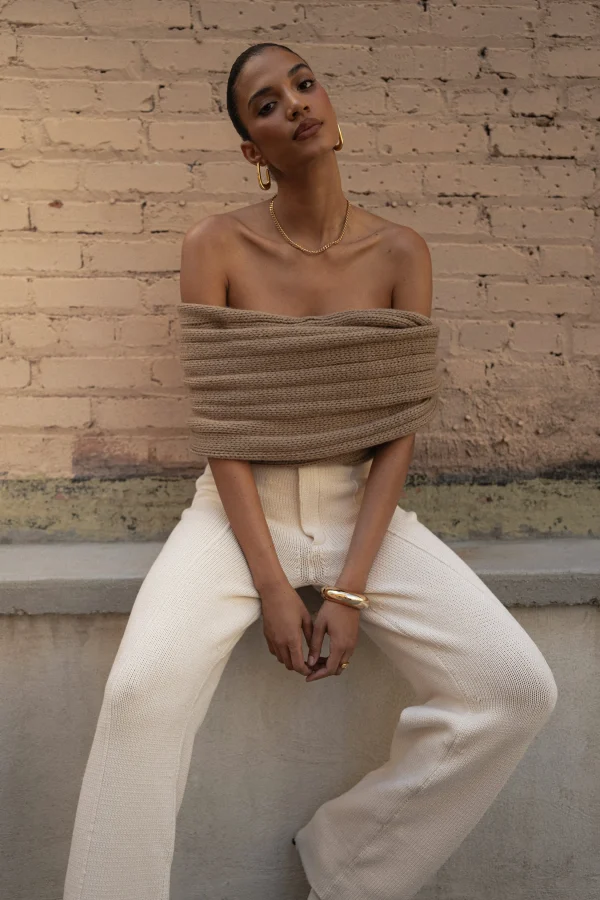 JLUXLABEL Taupe Soft Life Cable Knit Sweater Top