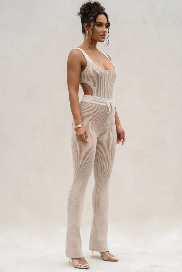 JLUXLABEL Taupe/White Deana Ribbed Bodysuit